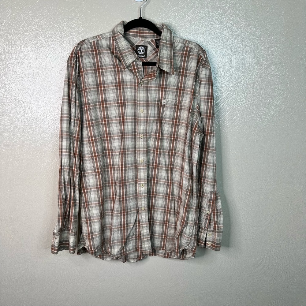 Timberland Brown Orange Plaid Button Down Shirt Size Large